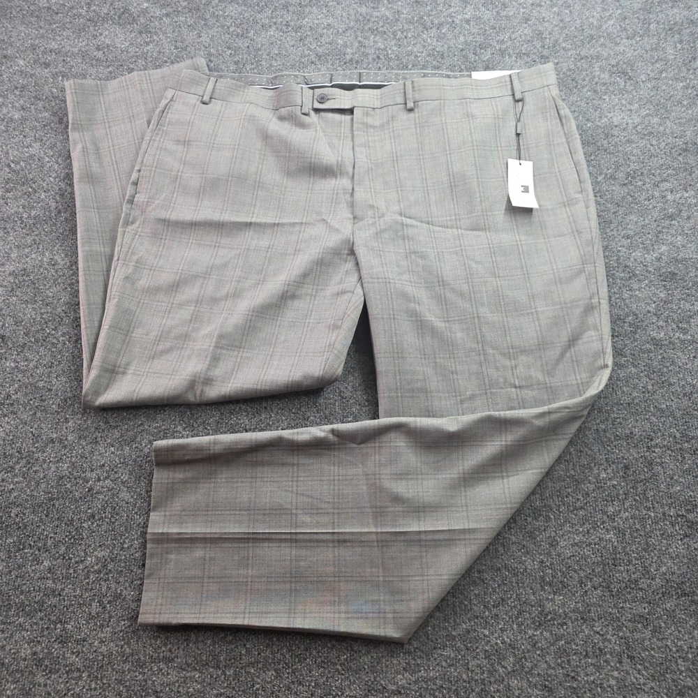 Michael Strahan Collection Dress Pants 48W x 32L Light Grey Plaid Wool Blend Men